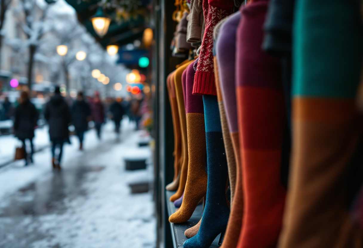 Collant colorati indossati in un outfit invernale elegante