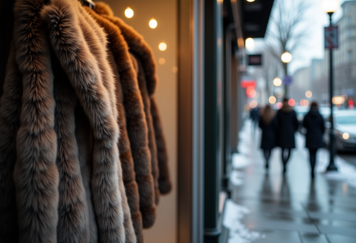 Modella che indossa pelliccia sintetica elegante in inverno